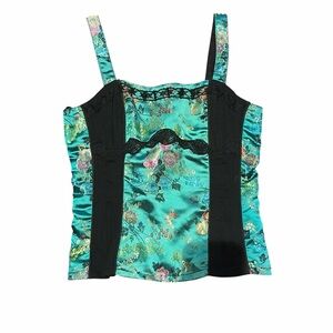Tripp NYC Teal Satin Floral Camisole with Black Panels